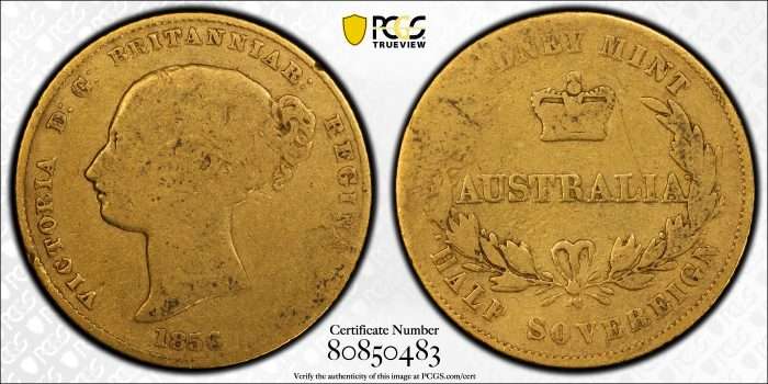 Australia 1856S Half Sovereign Type 2 Reverse PCGS G04